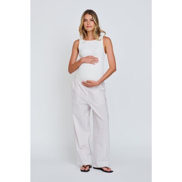 Apero Label Myra Cotton Maternity Stripe Barrel Leg Pant - M - White / Beige - Picture 2 of 6